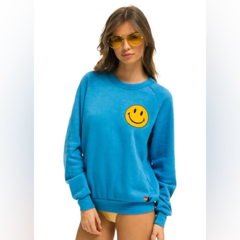 Aviator Nation Smiley Crew Sweatshirt in Ocean Blue